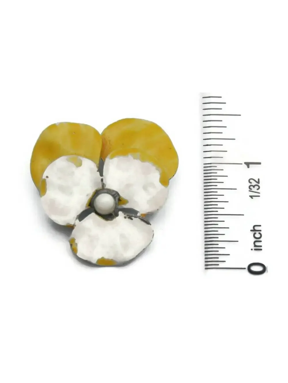 Vintage White and Yellow Enameled Flower Brooch with Faux Pearl.